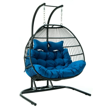 LeisureMod Wicker 2 Person Double Folding Hanging Egg Swing Chair in Blue