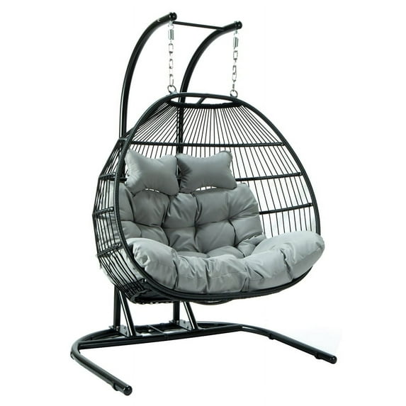LeisureMod Folding Double Egg Chair Swing Rattan Wicker 2-Seater Porch Swing with Stand for Outdoor & Indoor