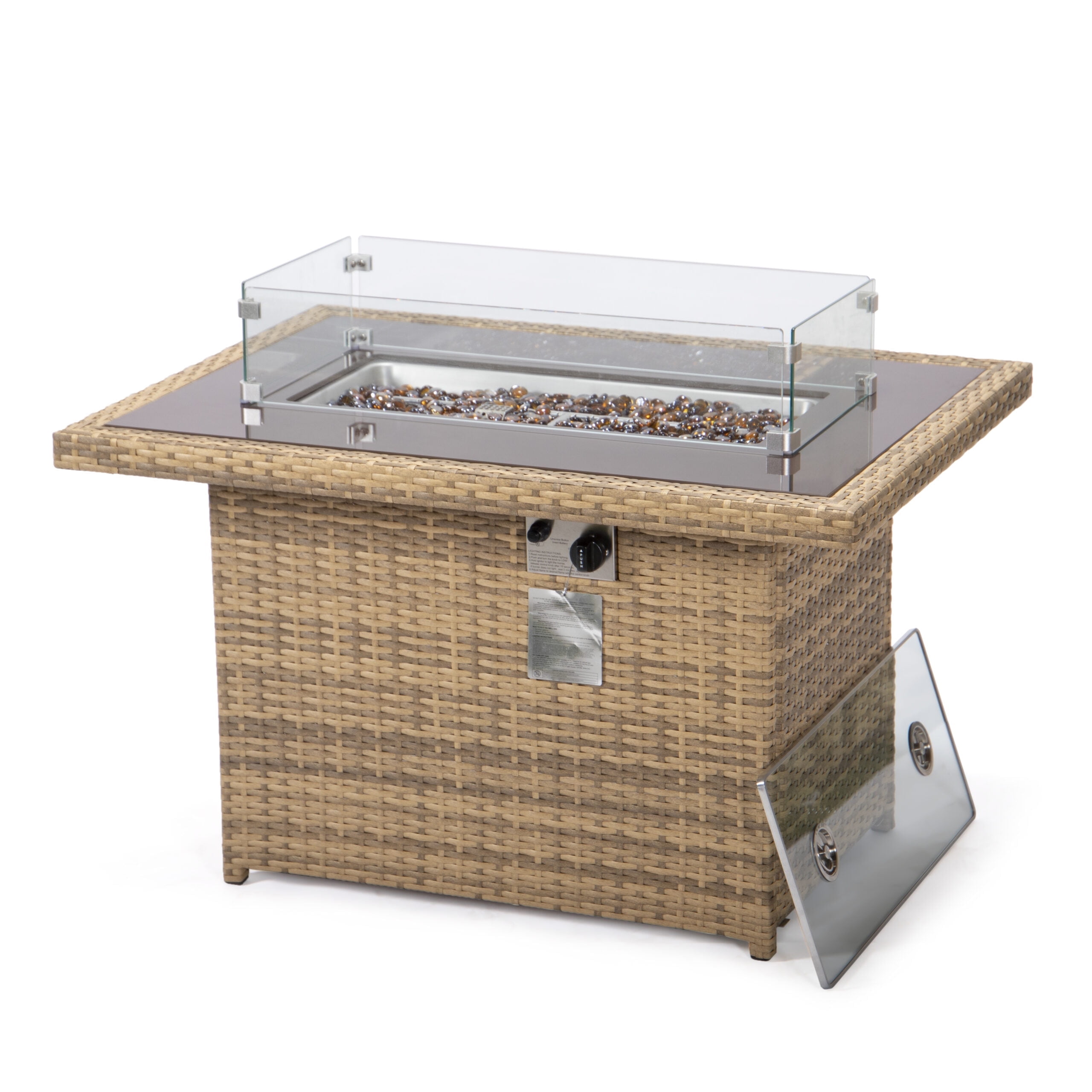 Light Brown Wicker Gas Fire Pit Table with Glass Shield