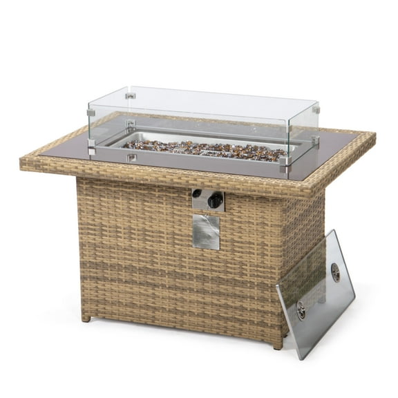 LeisureMod Wicker 55,000 BTU Fire Pit Table with Removable Lid and Tempered Glass Shield Propane Tank Storage for Modern Home, Patio, Backyard Garden Mace Collection in Light Brown