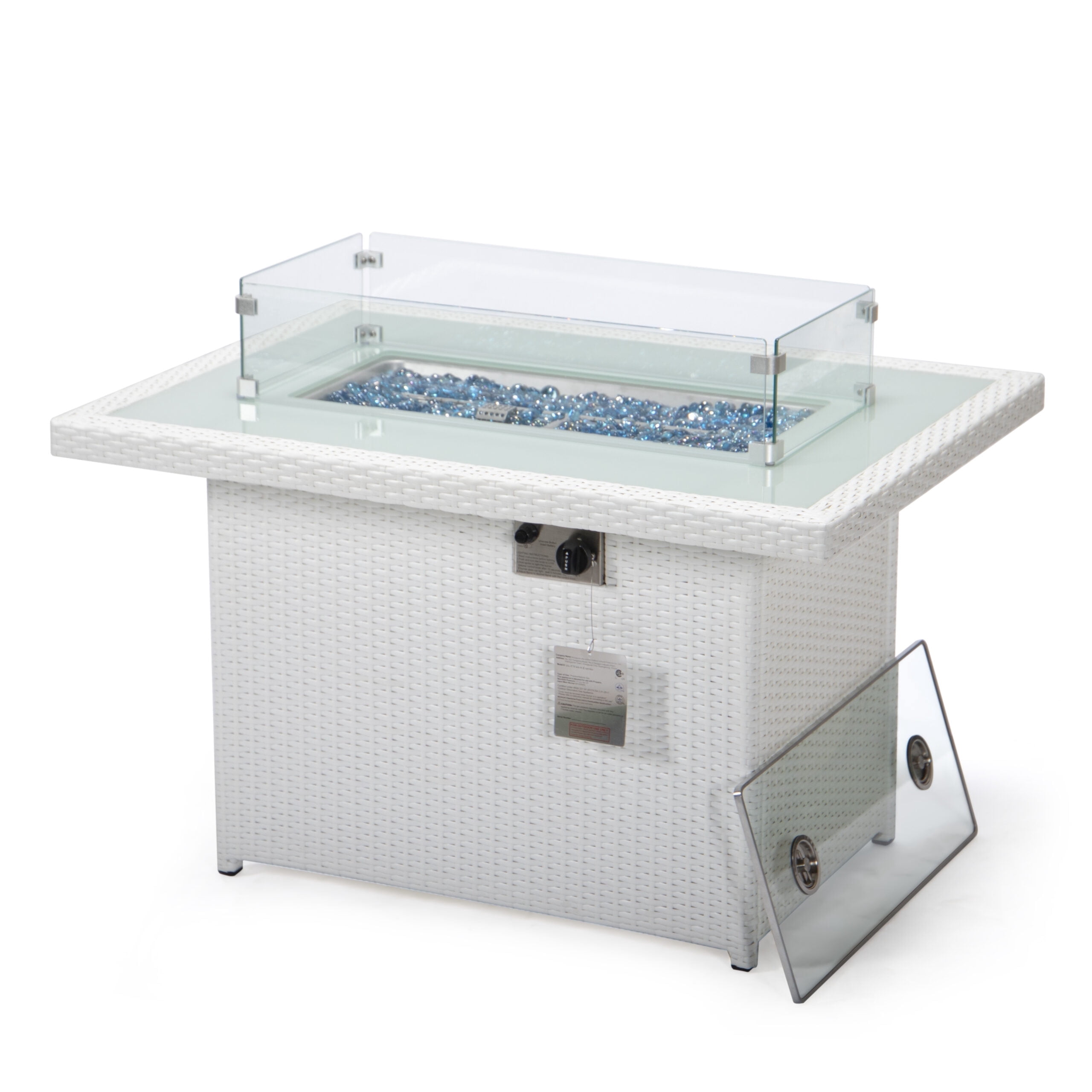 LeisureMod Wicker 55,000 BTU Fire Pit Table with Removable Lid and Tempered Glass Shield Propane Tank Storage for Modern Home, Patio, Backyard Garden Mace Collection in White