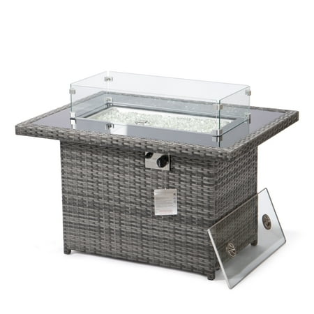 LeisureMod Wicker 55,000 BTU Fire Pit Table with Removable Lid and Tempered Glass Shield Propane Tank Storage for Modern Home, Patio, Backyard Garden Mace Collection in Grey