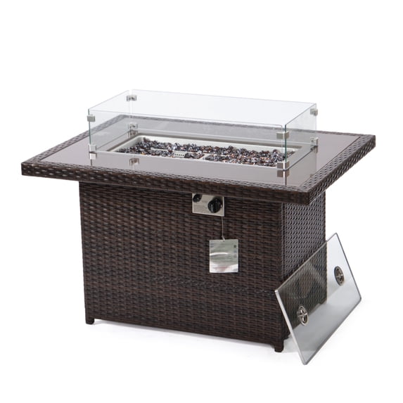 LeisureMod Wicker 55,000 BTU Fire Pit Table with Removable Lid and Tempered Glass Shield Propane Tank Storage for Modern Home, Patio, Backyard Garden Mace Collection in Dark Brown
