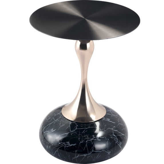 LeisureMod Wide Side Table with Black Stainless Steel Top Round Accent Table and Pedestal Base Modern End Table for Home, Living Room Savoy Series in Stone Black