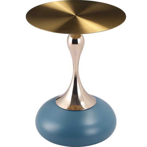 LeisureMod Wide Side Table with Gold Stainless Steel Top Round Accent Table and Pedestal Base Modern End Table for Home, Living Room Savoy Series in Blue