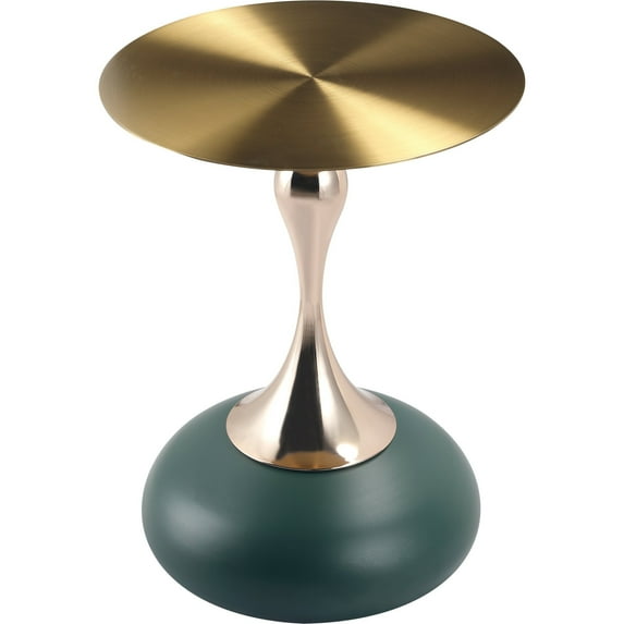 LeisureMod Wide Side Table with Gold Stainless Steel Top Round Accent Table and Pedestal Base Modern End Table for Home, Living Room Savoy Series in Green