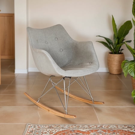 Modern Upholstered Rocking Chair – Small Accent Chair for Nursery, Kids, or Living Room | Nursing Chair with Curved Back & Wood Rocker Legs, French Silver