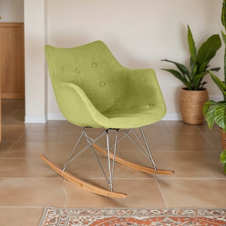 Modern Upholstered Rocking Chair – Small Accent Chair for Nursery, Kids, or Living Room | Nursing Chair with Curved Back & Wood Rocker Legs, Lemon Green