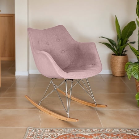 Modern Upholstered Rocking Chair – Small Accent Chair for Nursery, Kids, or Living Room | Nursing Chair with Curved Back & Wood Rocker Legs, Pink