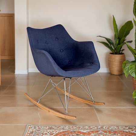 Modern Upholstered Rocking Chair – Small Accent Chair for Nursery, Kids, or Living Room | Nursing Chair with Curved Back & Wood Rocker Legs, Navy Blue