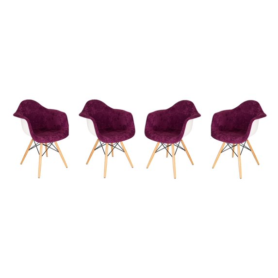 LeisureMod Willow Modern Velvet Accent Chair With Eiffel Wooden Base Set Of 4 In Purple