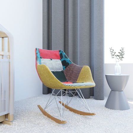 Modern Upholstered Rocking Chair – Small Accent Chair for Nursery, Kids, or Living Room | Nursing Chair with Curved Back & Wood Rocker Legs, Multi