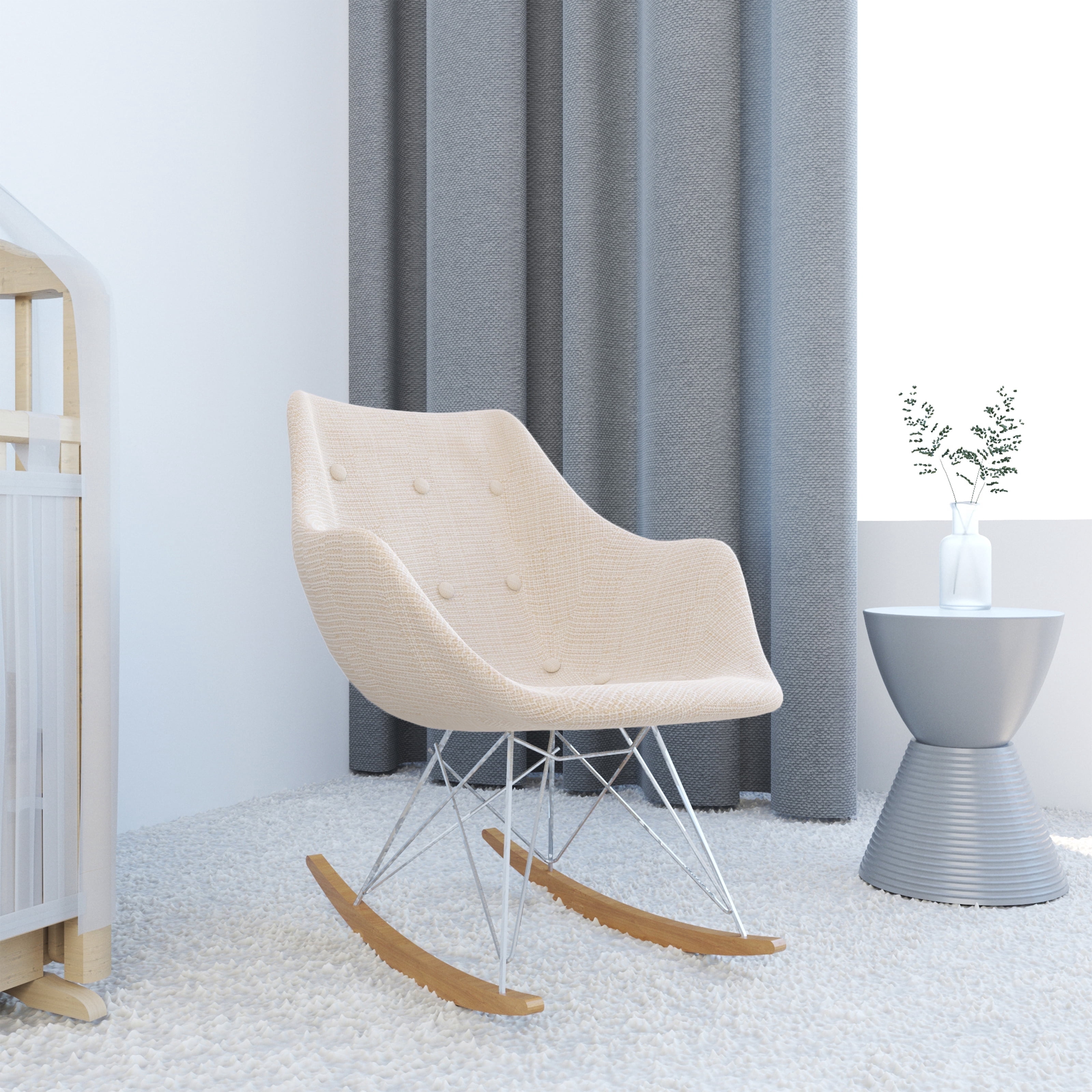 Modern Upholstered Rocking Chair – Small Accent Chair for Nursery, Kids, or Living Room | Nursing Chair with Curved Back & Wood Rocker Legs, Beige