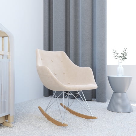 Modern Upholstered Rocking Chair – Small Accent Chair for Nursery, Kids, or Living Room | Nursing Chair with Curved Back & Wood Rocker Legs, Beige