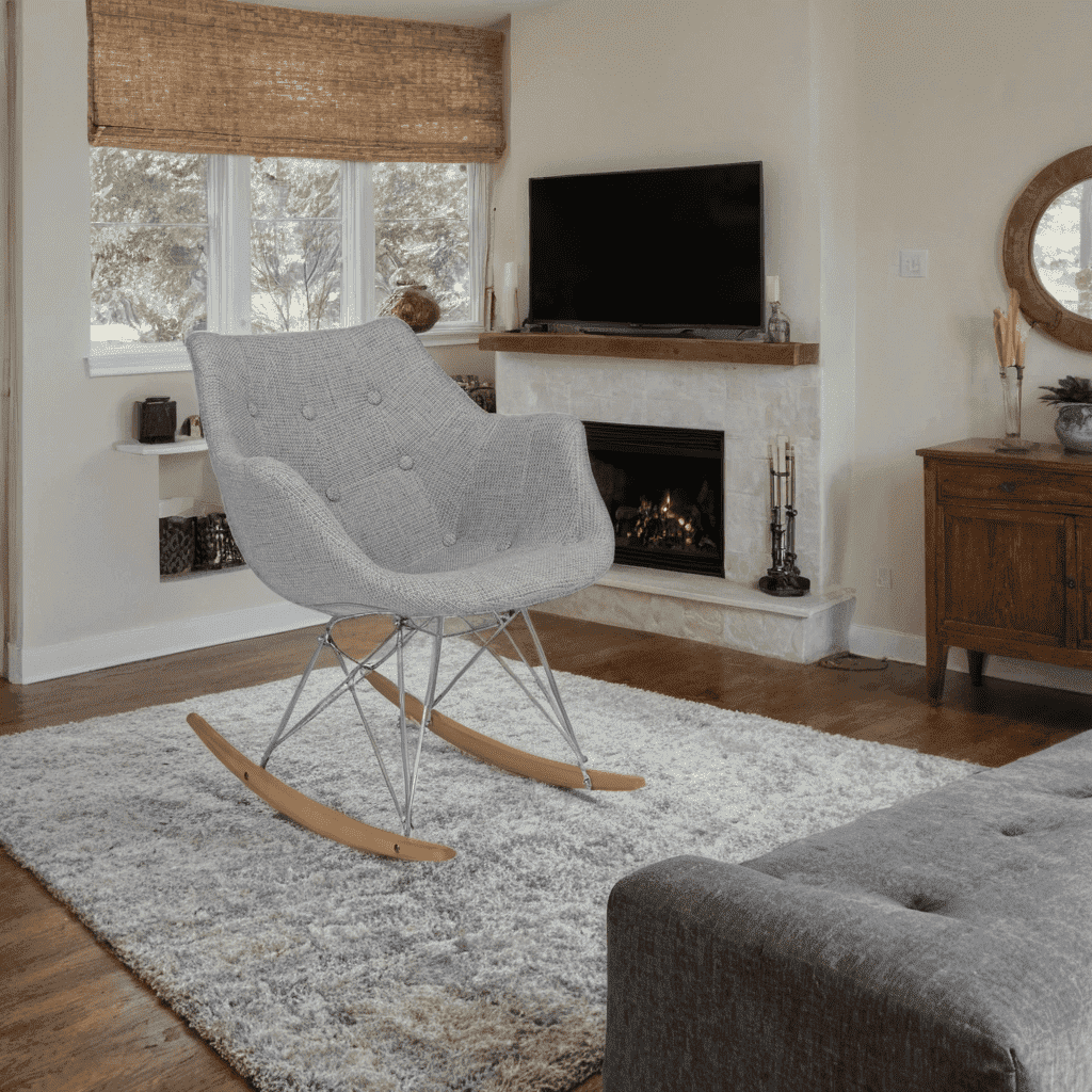 Modern Upholstered Rocking Chair – Small Accent Chair for Nursery, Kids, or Living Room | Nursing Chair with Curved Back & Wood Rocker Legs, Grey