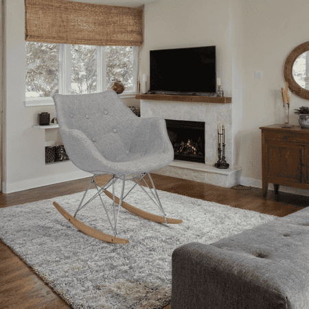 Modern Upholstered Rocking Chair – Small Accent Chair for Nursery, Kids, or Living Room | Nursing Chair with Curved Back & Wood Rocker Legs, Grey