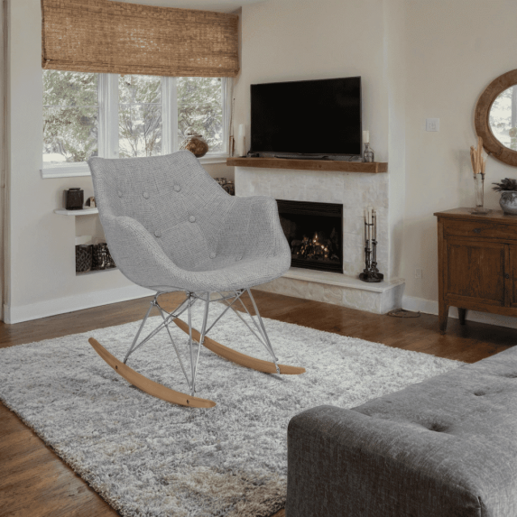 Modern Upholstered Rocking Chair – Small Accent Chair for Nursery, Kids, or Living Room | Nursing Chair with Curved Back & Wood Rocker Legs, Grey