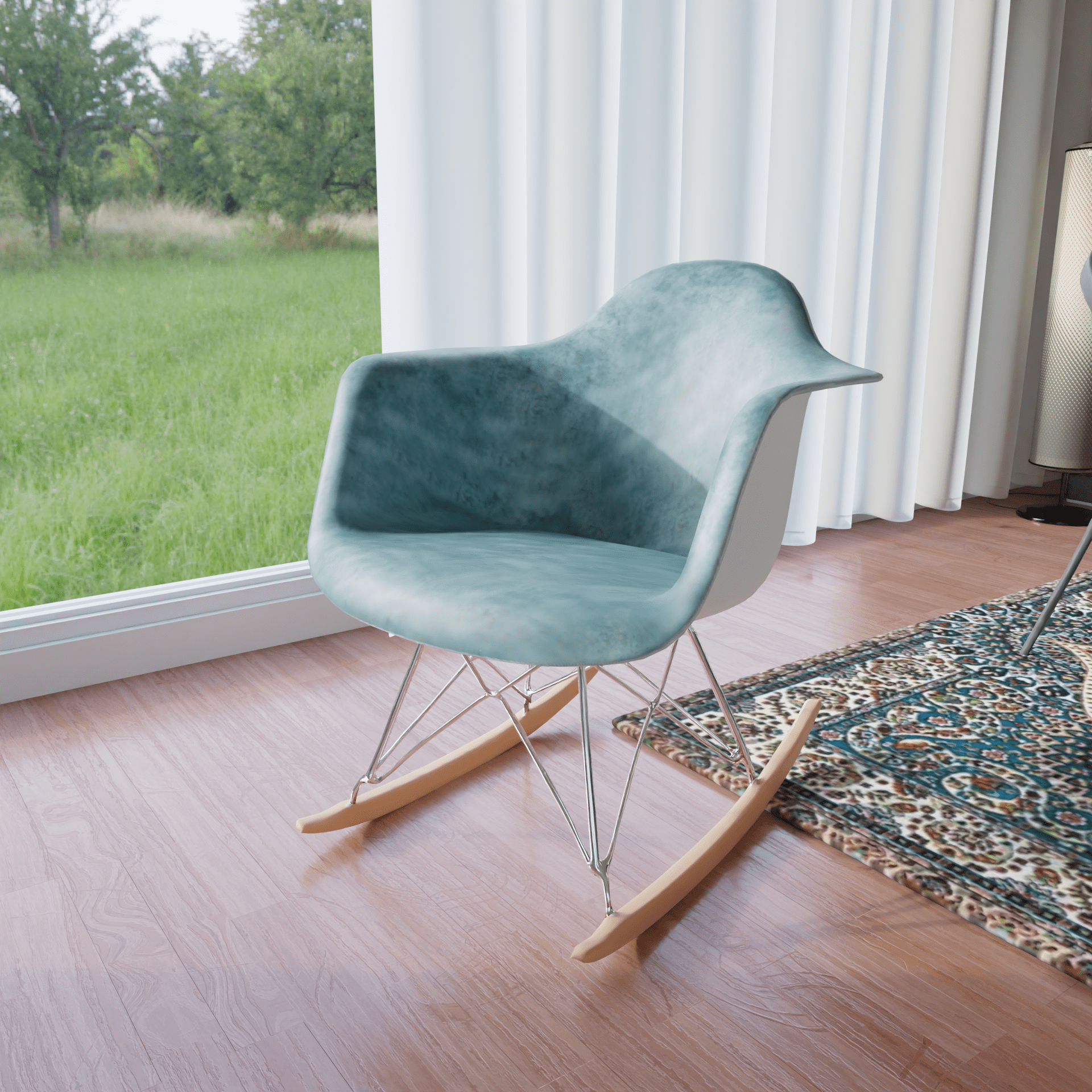 LeisureMod Modern Velvet Eiffel Rocking Chair – Small Nursery Accent Glider with Wood Rocker Legs for Kids, Nursery, or Living Room