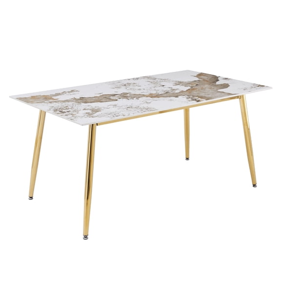 LeisureMod Zayle Mid-Century Modern Dining Table with a 71" Sintered Stone Rectangular Table Top and Gold Steel Base for Kitchen and Dining Room, White Grey