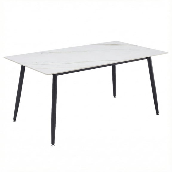 LeisureMod Zayle Modern Dining Table with a Sintered Stone Rectangular Wide Tabletop and Steel Base for Kitchen and Living Room (White/Gold, 55" Wide)
