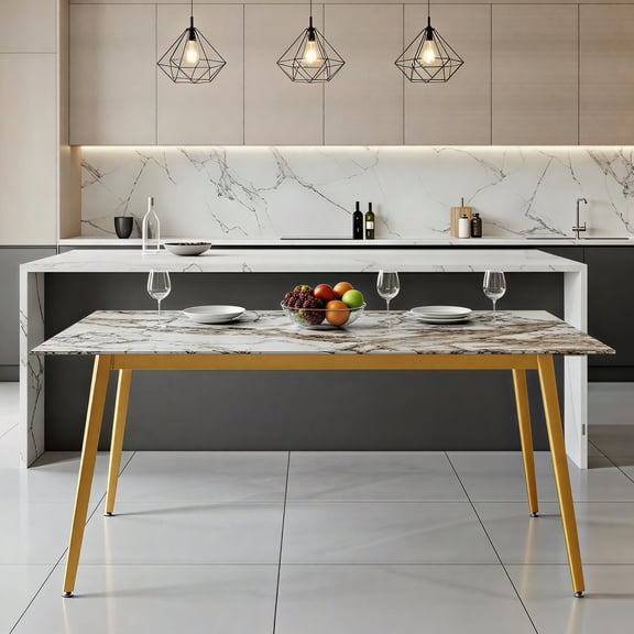 LeisureMod Zayle Modern Dining Table with 55" Wide Sintered Stone Rectangular Tabletop and Steel Base for Kitchen and Dining Room in White Grey
