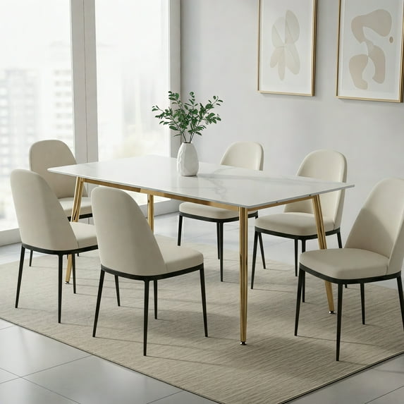 LeisureMod Zayle Modern Dining Table with 62" Wide Sintered Stone Rectangular Tabletop and Steel Base for Kitchen and Dining Room in White