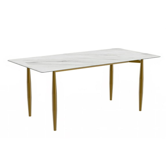 LeisureMod Zinti Modern Dining Table with 71" Sintered Stone Rectangular Wide Tabletop with Steel Base and Legs for Kitchen and Dining Room in White