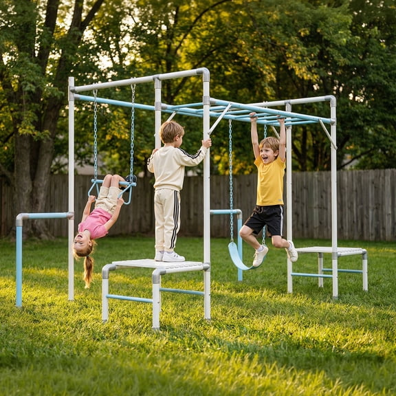 LeisureStar 4-In-1 Outdoor Jungle Gym with Monkey Bars Frame, Climbing Set, Trapeze Swing Bar, Belt Swing, Kids Gymnastics Bars, Playground Set with Playground Equipment for Backyard, Garden, Grass