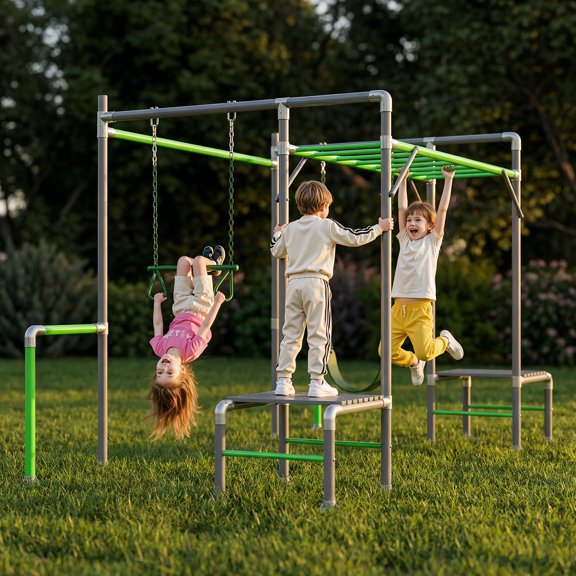 LeisureStar 4-In-1 Outdoor Jungle Gym with Monkey Bars Frame, Climbing Set, Trapeze Swing Bar, Belt Swing, Kids Gymnastics Bars, Playground Set with Playground Equipment for Backyard, Garden, Grass