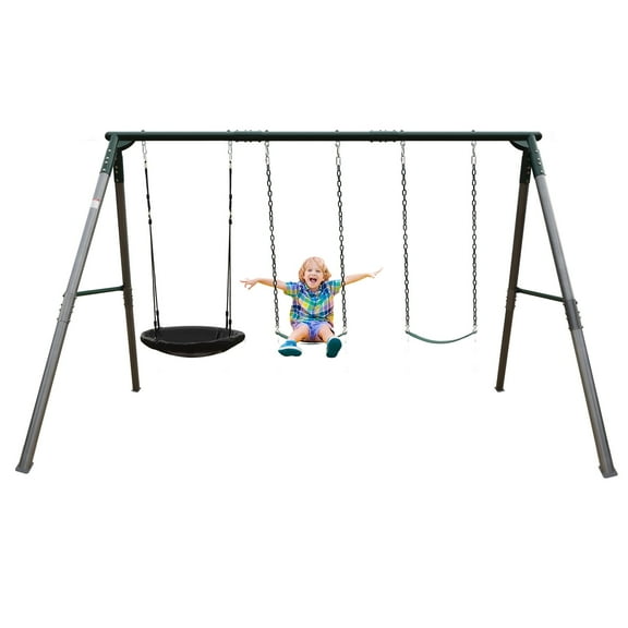 LeisureStar 700 lbs Swing Set Outdoor for Kids with Saucer Swing and Belt Swing, Metal Swingset with A-Frame Stand and Adjustable Rope, Heavy Duty Kids Swing Sets for Backyard, Playground, Ages 3+