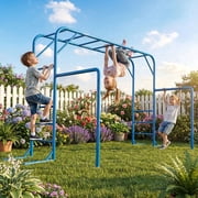 LeisureStar Kids Monkey Bars Jungle Gym, Metal Outdoor Climbing Frame & Playground Equipment for Backyard, Blue