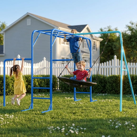 LeisureStar Kids Monkey Bars Jungle Gym with Metal Swing Set, Climbing Frame & Swing, Playground for Backyard with Gymnastics Bar, Blue