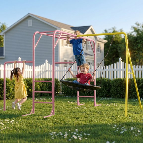 LeisureStar Kids Monkey Bars Jungle Gym with Metal Swing Set, Climbing Frame & Swing, Playground for Backyard with Gymnastics Bar, Pink