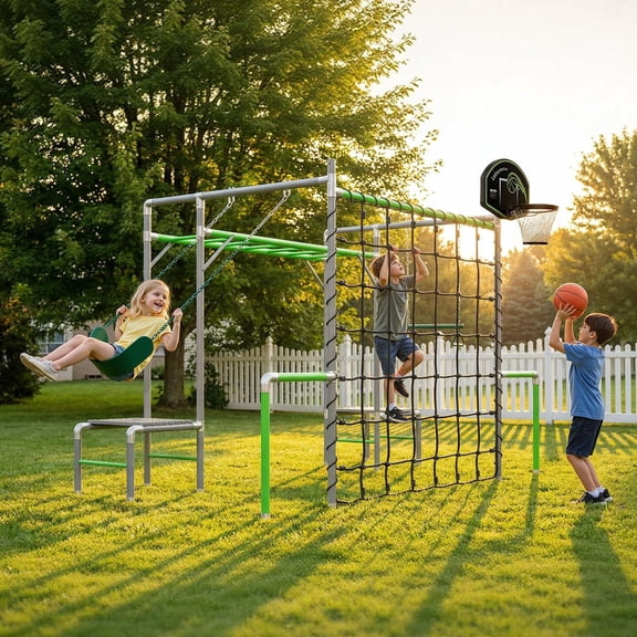 LeisureStar Outdoor Jungle Gym 7-In-1 with Climbing Net, Basketball Hoop, Monkey Bar, Climbing Set, Trapeze Swing Bar, Belt Swing, Kids Gymnastics Bar, Playground Equipment for Backyard,Grey