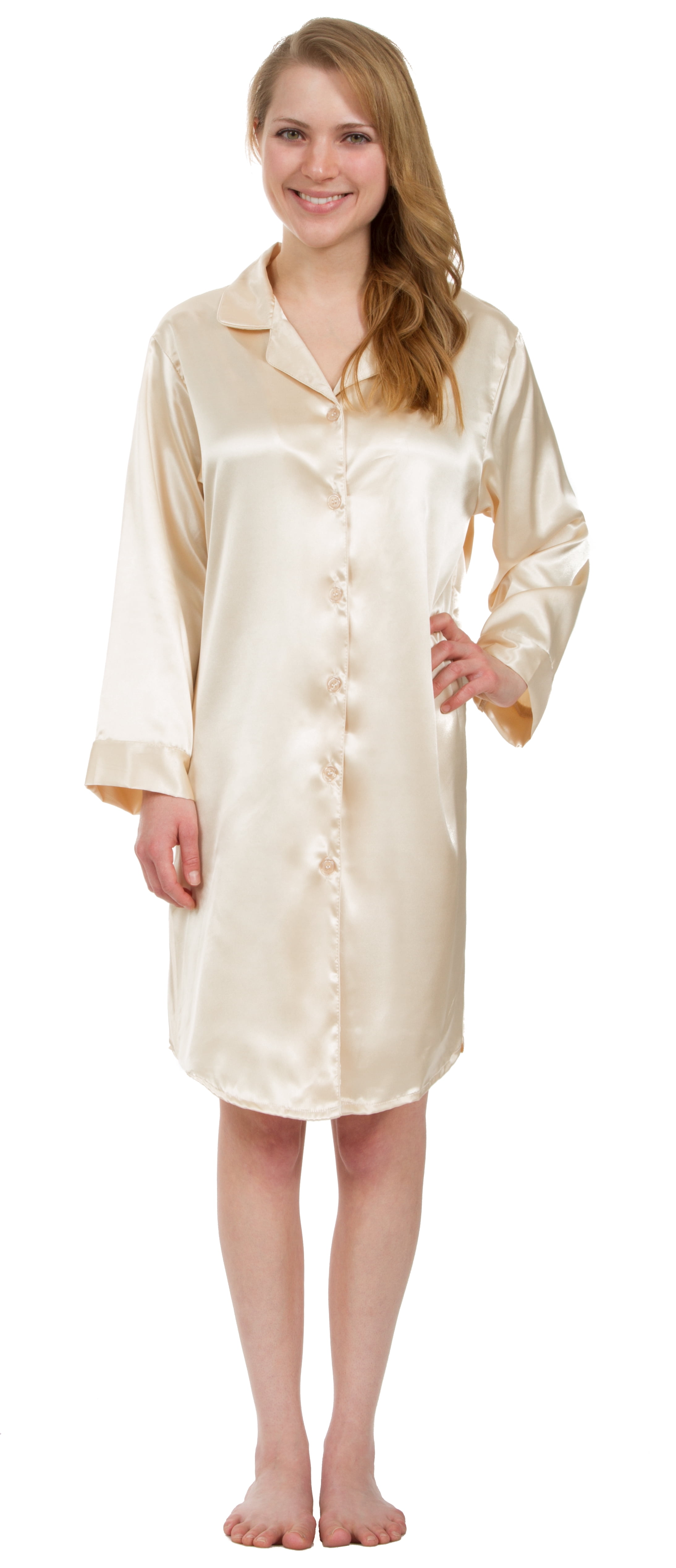 Leisureland Satin Buttoned Robe Nightshirt Boyfriend Style Sleep Shirt ...