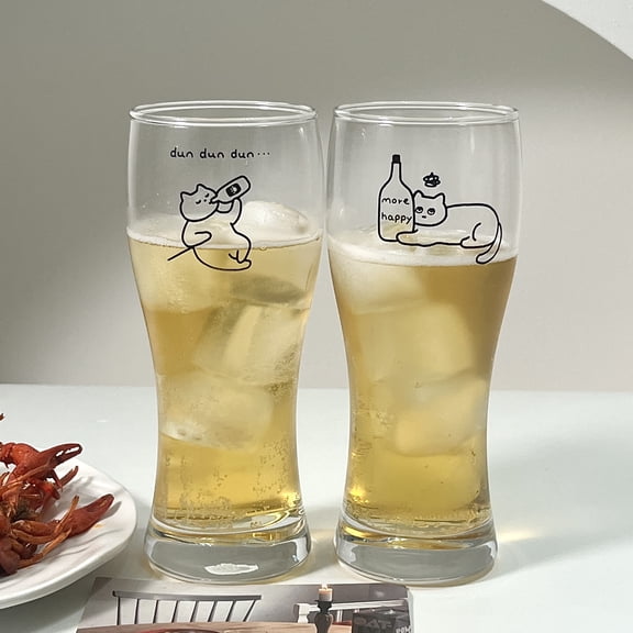 Leisurely kitten glass water cups, 2 pcs, 460ml large capacity, beer cups, beverage cups, thickened, non-slip base, suitable for all-you-can-drink.