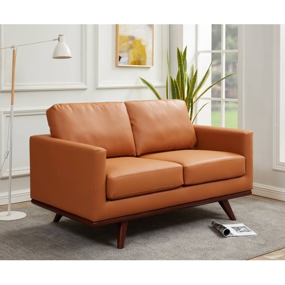 Leisuremod Chester Modern Faux Leather Loveseat With Birch Wood Base Living Room Sofa (Cognac Tan)