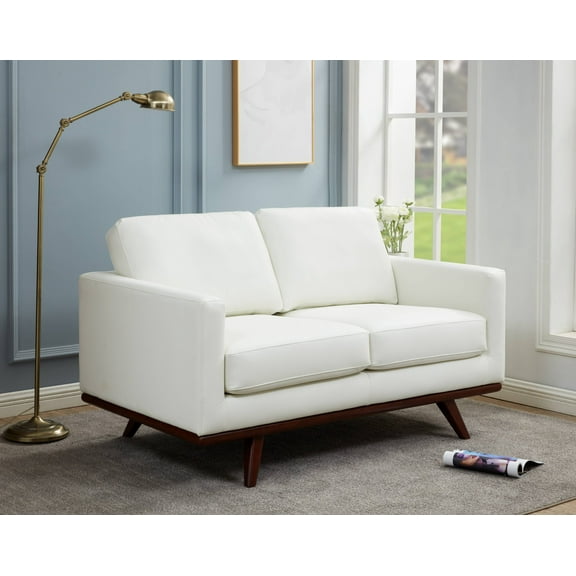 Leisuremod Chester Modern Faux Leather Loveseat With Birch Wood Base Living Room Sofa (White)
