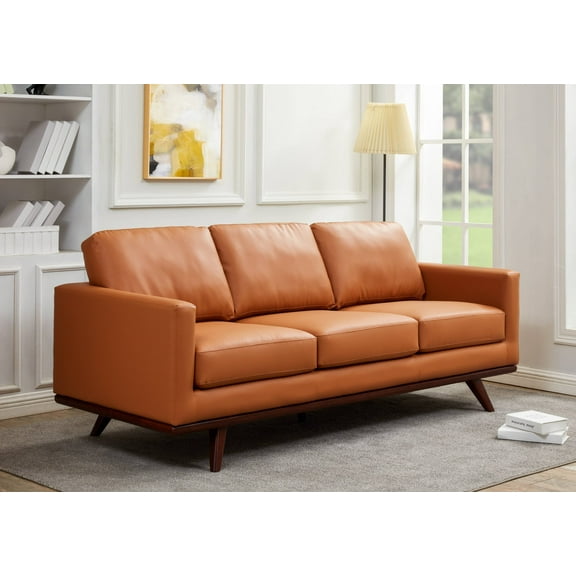 Leisuremod Chester Modern Leather 3 Seater Sofa With Birch Wood Base Mid Century Living Room Couch (Cognac Tan)