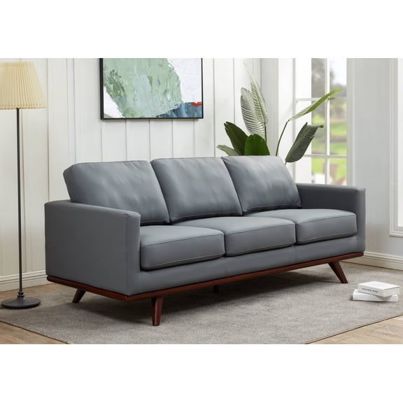 Leisuremod Chester Modern Leather 3 Seater Sofa With Birch Wood Base Mid Century Living Room Couch (Grey)