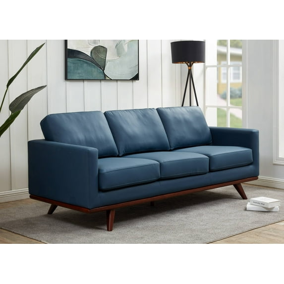 Leisuremod Chester Modern Leather 3 Seater Sofa With Birch Wood Base Mid Century Living Room Couch (Navy Blue)