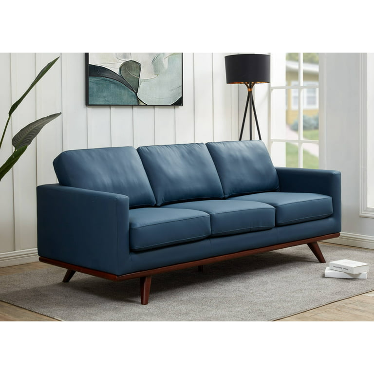 Leisuremod Chester Modern Leather Sofa With Birch Wood Base Navy Blue