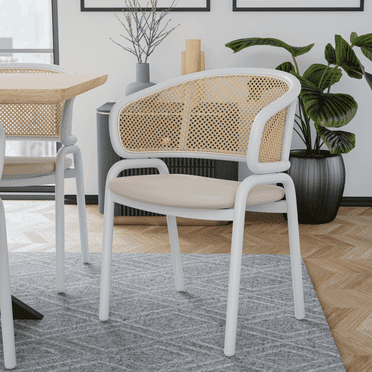 Leisuremod Ervilla Mid-Century Modern Dining Armchair with White Powder Coated Steel Legs and Wicker Back for Kitchen and Dining Room, Beige