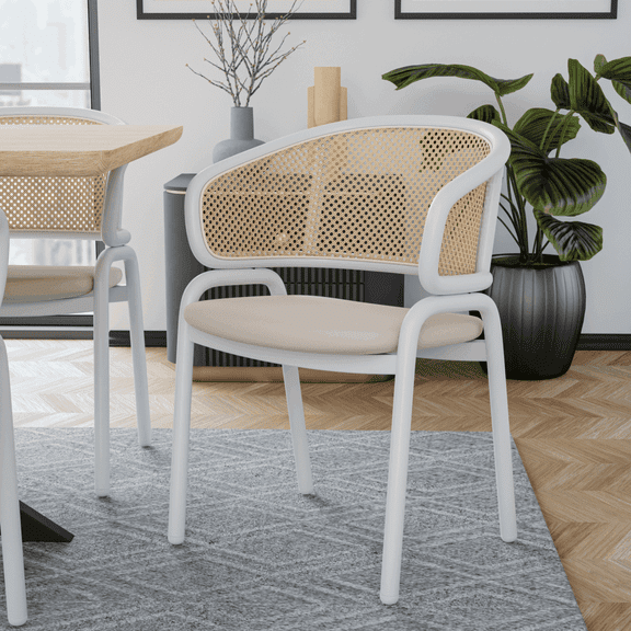 Leisuremod Ervilla Mid-Century Modern Dining Armchair with White Powder Coated Steel Legs and Wicker Back for Kitchen and Dining Room, Beige