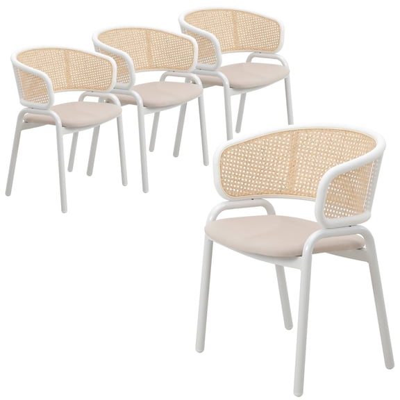 Leisuremod Ervilla Mid-Century Modern Dining Armchair with White Powder Coated Steel Legs and Wicker Back for Kitchen and Dining Room Set of 4, Beige