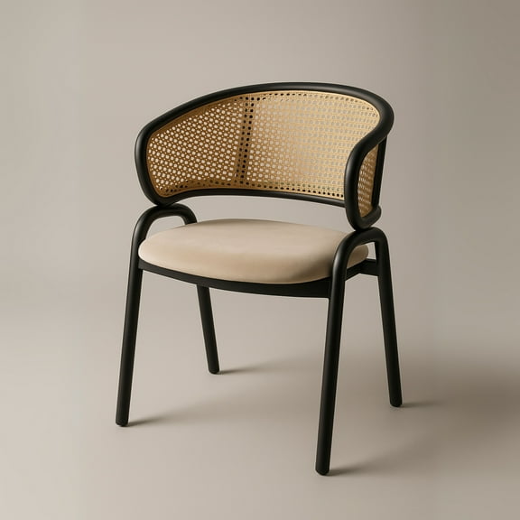 Leisuremod Ervilla Mid Century Modern Dining Chair With Stainless Steel Legs Velvet Seat and Wicker Back, Contemporary Dining Arm Chairs for Kitchen and Dining Room (Beige)