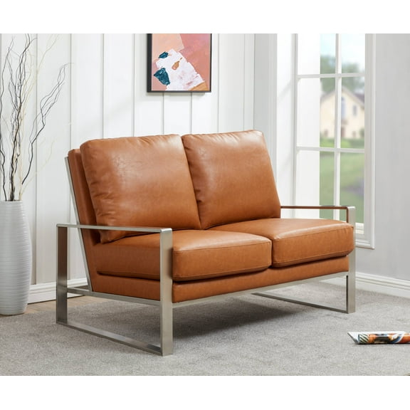 Leisuremod Jefferson Modern Leather Contemporary Loveseat With Silver Frame Mid-Century Living Room Loveseat Sofa (Cognac Tan)