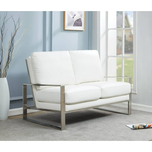 Leisuremod Jefferson Modern Leather Contemporary Loveseat With Silver Frame Mid-Century Living Room Loveseat Sofa (White)