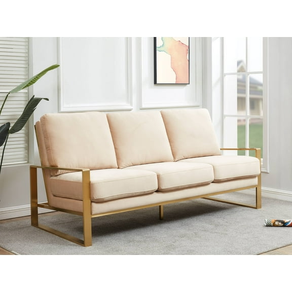 Leisuremod Jefferson Modern Velvet 3 Seater Sofa With Gold Frame Contemporary Living Room Couch (Beige)