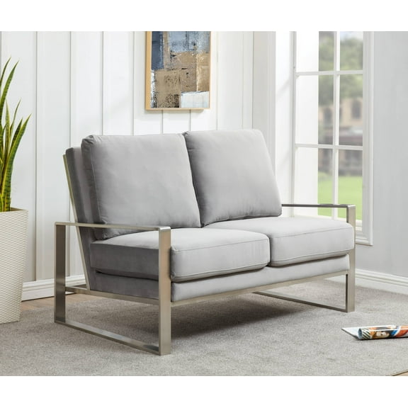 Leisuremod Jefferson Modern Velvet Loveseat With Silver Frame Contemporary Living Room Loveseat Sofa (Light Grey)